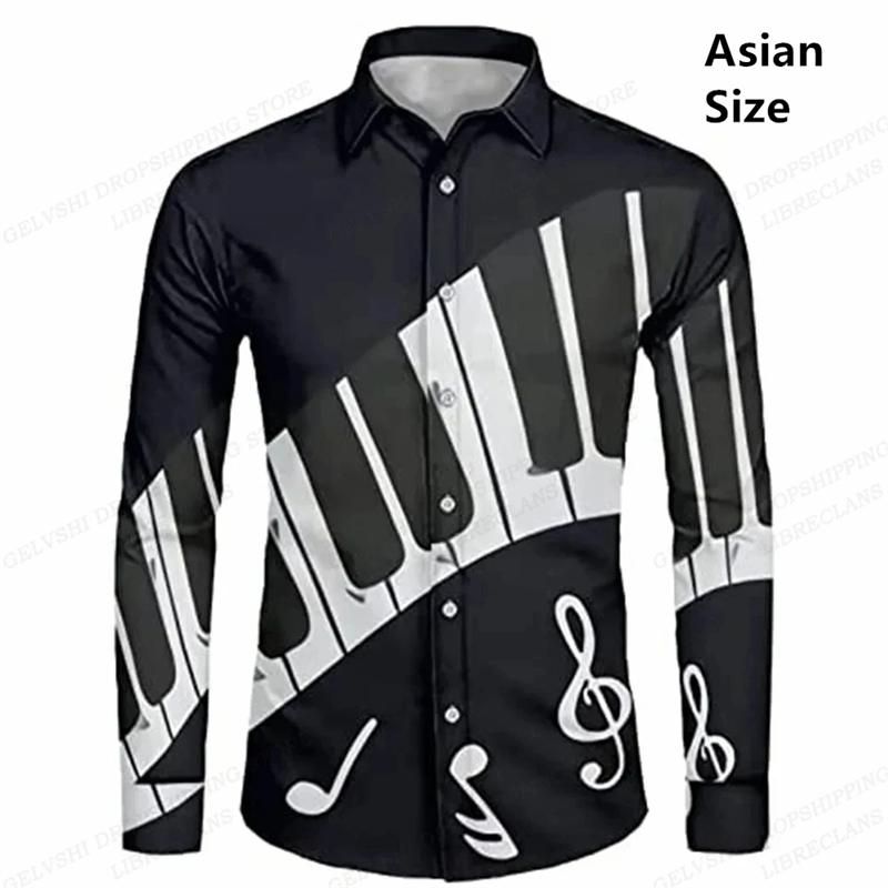 Musical Instrument Hawaii - Kemeja Pria Hawaii Lengan Panjang Hitam
